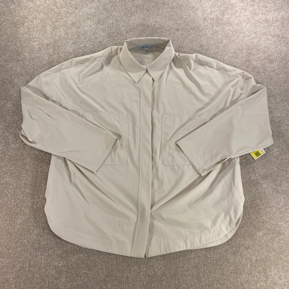 FLX Button Up Shirt Mens Large Beige New Oversized Stretch Techwear Utility